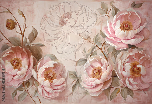 Pink Peonies floral wallpaper on a textured pink background. Floral Illustration of Pink Peonies with Soft Abstract Background