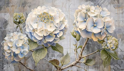 Soft Blue Hydrangea Arrangement Against Abstract Grey Textured Background. Floral Wallpaper with Blue Hydrangea. Soft Grey Abstract Background