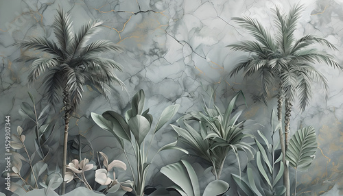 Watercolor Botanical illustration of tropical plants. Tropical Plants wallpaper on gray marble background.