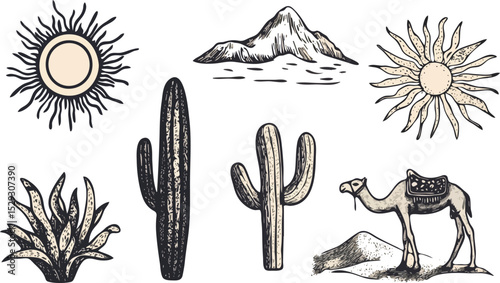 Desert Landscape Elements with Camel, Cacti, Sun, and Mountains Vector Illustration Set for Travel and Nature Designs