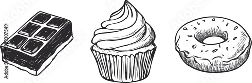 Hand-drawn vector illustration of chocolate bar cupcake and donut isolated on white background ideal for cafe menu design packaging or food blog illustrations