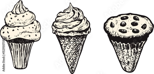 Hand-drawn vector illustration set of sweet treats cupcake ice cream cone and cookie isolated on white background ideal for menu design packaging posters and social media graphics