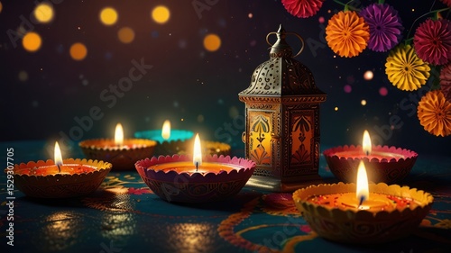 Indian Festival with Rangoli and Diyas

