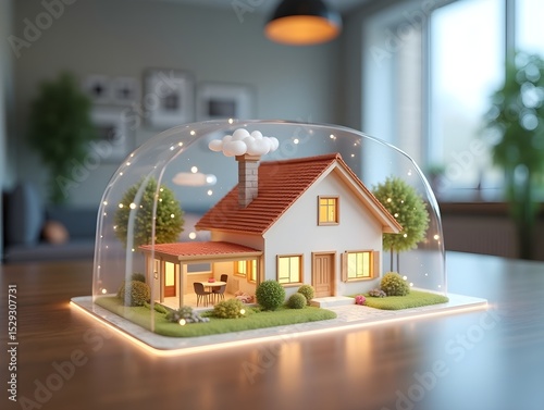 AI generated A holographic 3D render model showcases a small living house on a table in a real estate agency, Ai Generated.