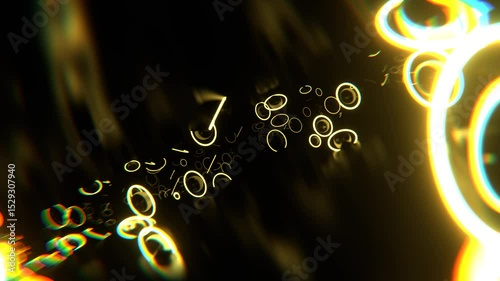 Dark Space with Levitating Metal Spheres and Yellow Neon Rings Background VJ Loop in 4K