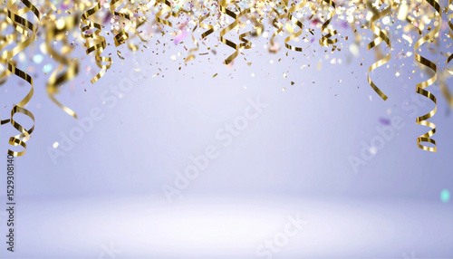 Fundo festivo de cor clara com serpentinas e confetes caindo. Com espaço ideal para escrever.