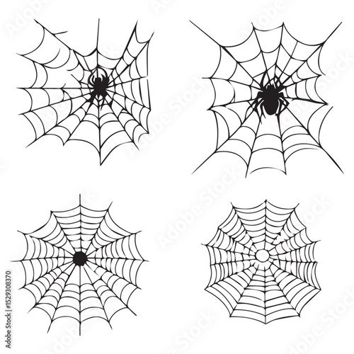 Four Black Spiderwebs with Spiders Silhouettes White Background