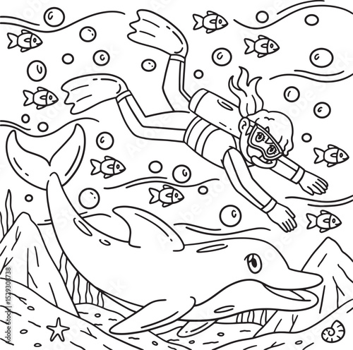 Scuba Diving FemaleSwimming with Dolphin Coloring 