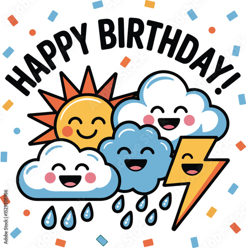 Cheerful happy birthday design featuring animated weather elements and confetti decorations