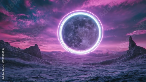 Alien planet landscape with neon ring around moon.