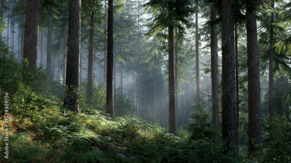 Fototapeta premium Lush green forest landscape with tall trees, soft sunlight filtering through the canopy, creating a serene atmosphere, showcasing the beauty of nature and tranquility in the wilderness