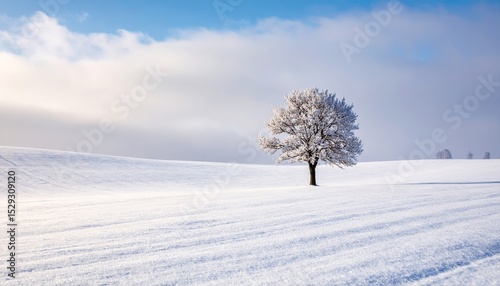 solitary tree in winter fog and mist on the field