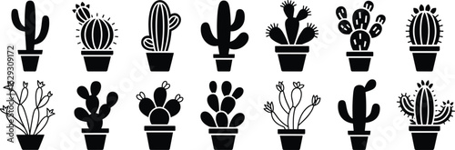 Cactus plant silhouette collection, potted succulents vector set, black and white botanical icons, desert cactus illustration, minimalist home decor

 flat vector illustration