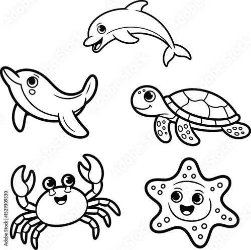Cute cartoon sea creatures collection featuring dolphins turtles crabs and starfish smiling