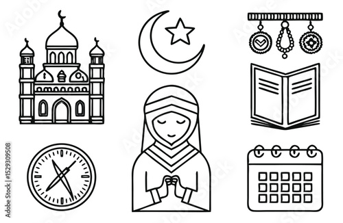 Islamic Culture and Religion Outline Icon Set – Minimal Muslim Vector Graphics