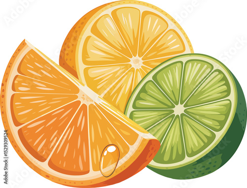 Delicious illustration of citrus fruits showing orange lime and orange slices on white background