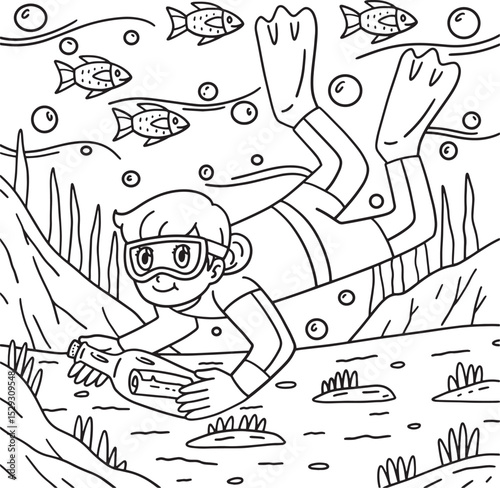 Scuba Diving Female with Message Bottle Coloring