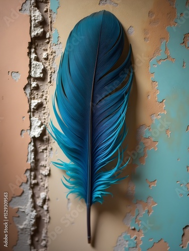 A vibrant feather rests against a weathered wall, contrasting decay with beauty