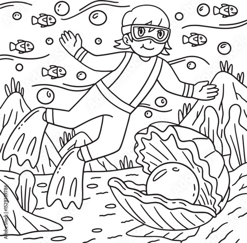 Scuba Diving Female and Giant Clam Coloring Page 