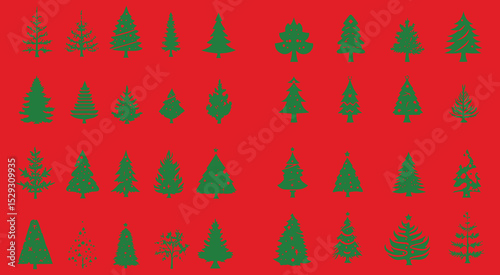 Green Christmas Tree Silhouettes Red Background Collection
