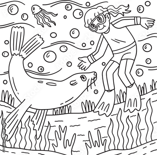 Scuba Diving Female and Sea Lion Coloring Page 