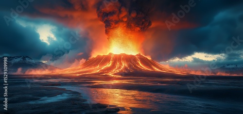 Dramatic volcano eruption mockup with fiery lava explosion nature disaster power energy modern digital art AI generated art