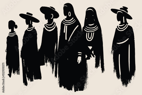 Mystic tribal people silhouettes, black brush vector illustration

