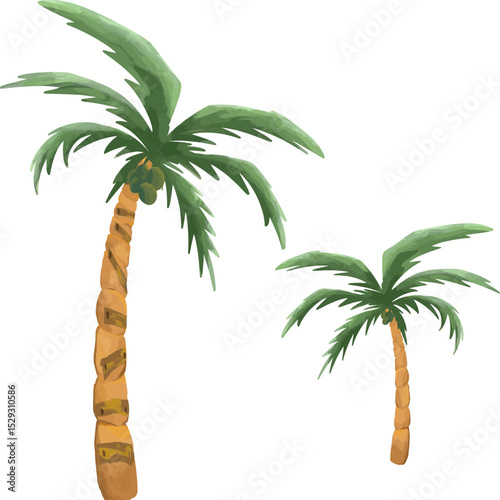 Vector illustration of coconut trees in different growth stages and poses – straight, curved, climbing frame, with or without fruit. Perfect for tropical themes, summer designs, or nature education