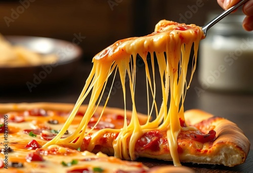 Golden, stringy cheese stretching from a pizza slice,  snack,  food photography