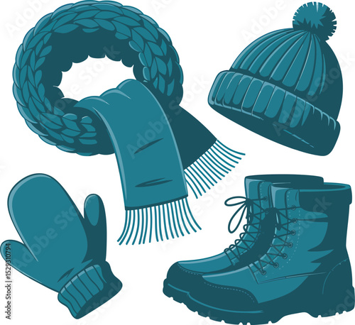 Winter clothing set illustration featuring a scarf hat mittens and boots isolated on white