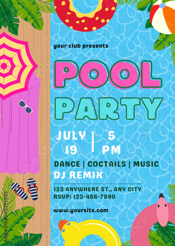 Summer pool party template poster invitation. Float, umbrella, flamingo. Summer design vector illustration background, banner, flyer.