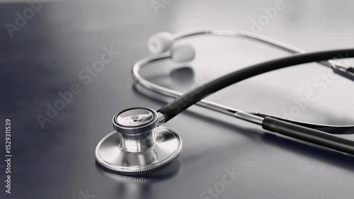 Medical stethoscope on a dark blue background. A close-up of a stethoscope resting on a blue surface, showcasing its intricate design and association with healthcare and medicine. 3d render animation