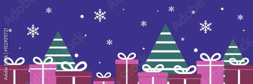 Flat geometric winter vector banner with snowflakes, gift boxes, and fir trees