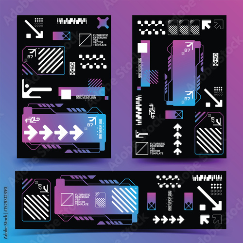 y2k 2000s sci-fi cyberpunk gaming retro-futuristic layout poster banner template set dashboard HUD for ux-ui application, 2d vector illustration 
