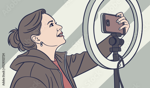 A woman records a vlog with her smartphone, using a ring light for better lighting.                     