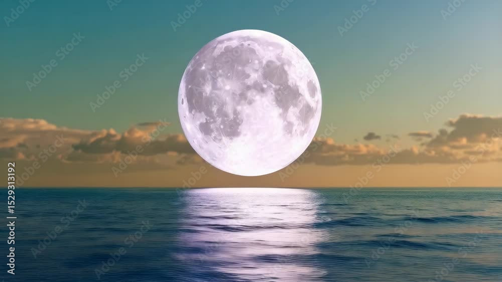 Full moon hovering above a serene sea during dusk, casting gentle reflections on the water surface with soft clouds on the horizon