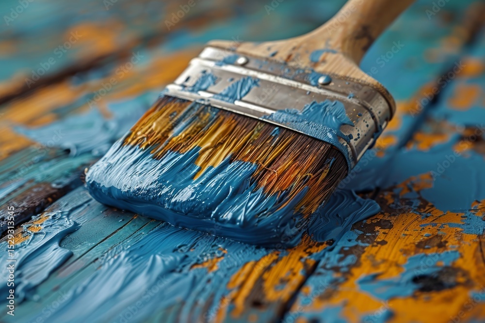 Fototapeta premium A paintbrush covered in rich blue paint rests on an artistically vivid wooden surface, illustrating creativity and passion for art and craftsmanship in an engaging way.