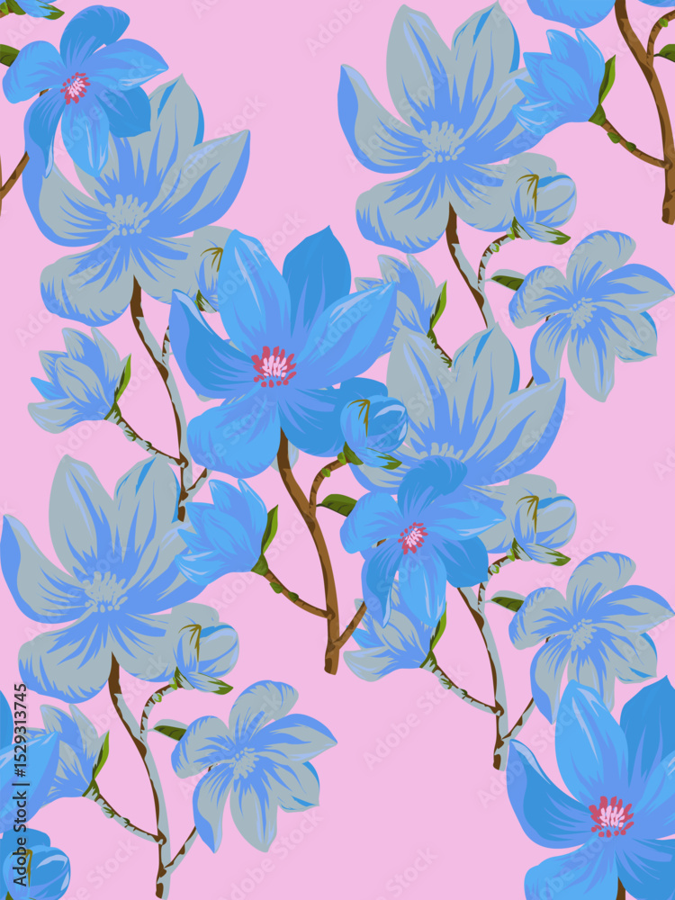 Fototapeta premium Elegant blue and gray flowers bloom across a soft pink background. A stylish floral pattern ideal for fashion, stationery, packaging, and digital designs with a touch of charm.