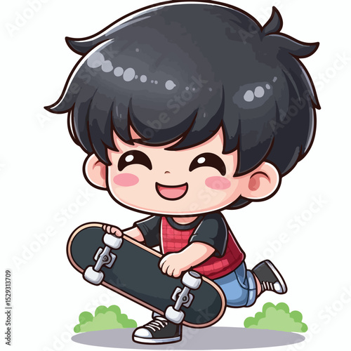 Cute boy cartoon vector playing skateboard