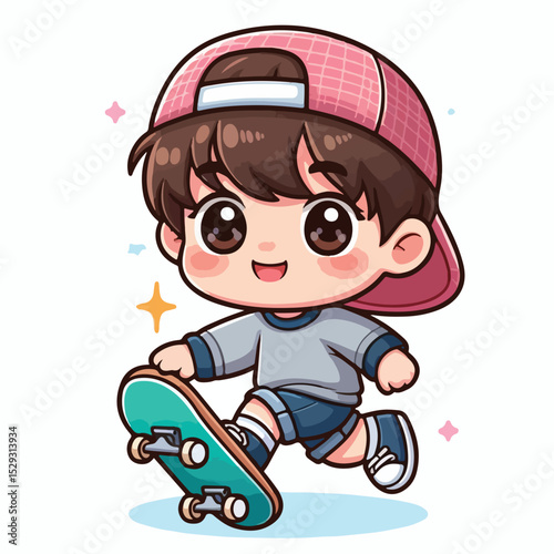Cute boy cartoon vector playing skateboard