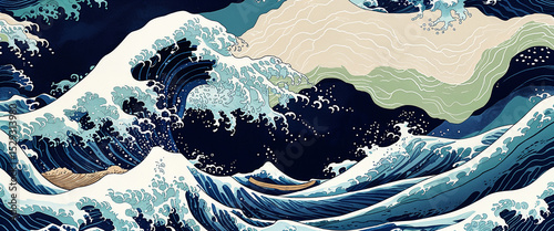 Japanese wave illustration depicting hokusai style art with boats and turbulent ocean water