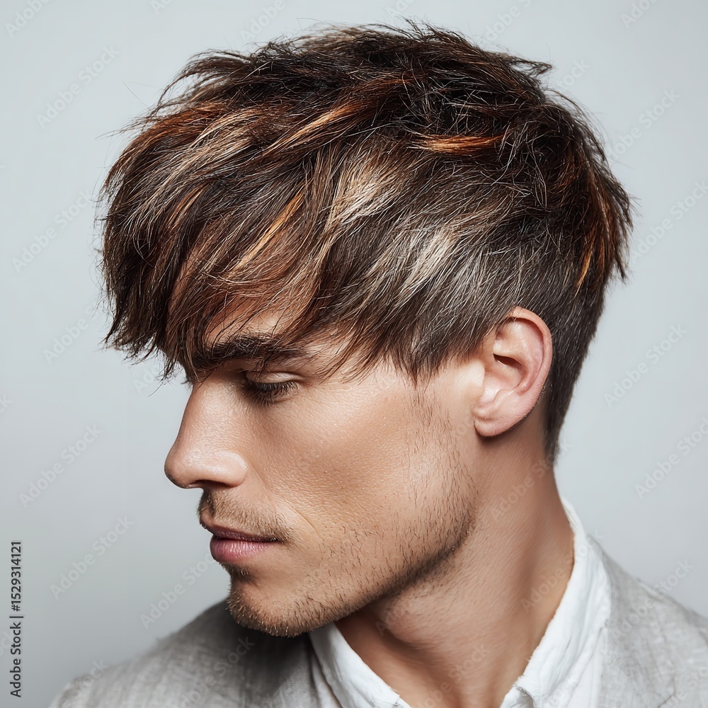 Obraz premium Mens hairstyle trends stylish haircut for men with highlights and textured fringe modern hairstyle guide