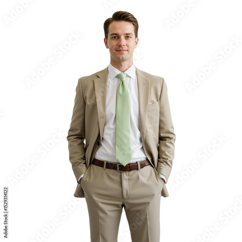 Professional in Beige Suit with Casual Pose and Friendly Smile Against White Background.