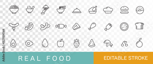 Minimalist - Real food icons set. Thin line. Simple design.meat, sausage, fruit, vegetables.  Editable stroke. Vector illustration.