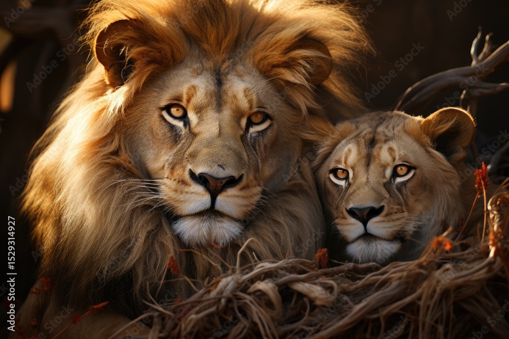 Fototapeta premium A powerful male lion and a serene female lioness sit together, exuding strength and tenderness in their natural habitat under soft natural light.