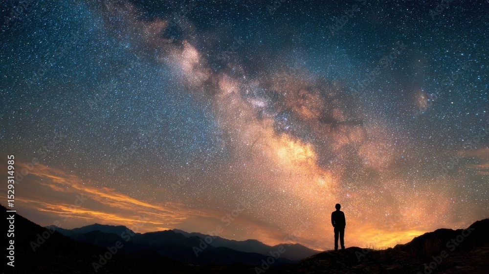 Fototapeta premium Concept photo of a person gazing up at a starry night sky, with the Milky Way galaxy stretching above them. The vastness of the universe and the persons small presence signify the grandeur