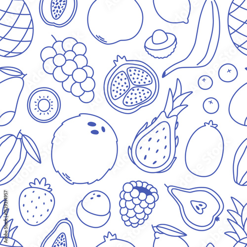 Seamless pattern with cute outline fruits and berries. Doodle print for banner, wallpaper, textile, wrapping paper, background, cards. Vector illustration in flat style