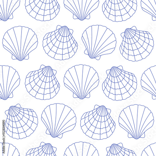 Seamless pattern with cute outline sea shells. Doodle print for banner, wallpaper, textile, wrapping paper, background, cards. Vector illustration in flat style