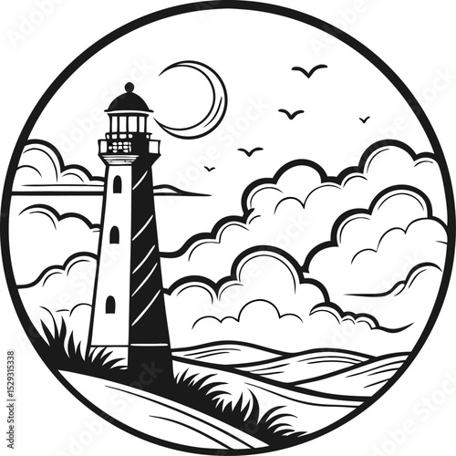 Coastal landscape illustration of lighthouse surrounded by clouds moon and flying birds within a circular frame.