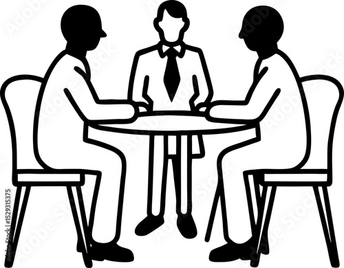 Illustration of a business meeting with three people seated at a table engaged in discussion and collaboration